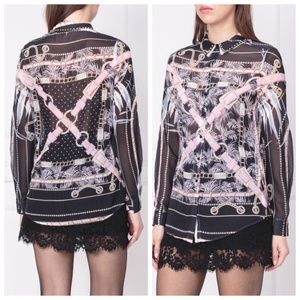 Guess Chiffon Clouis Chain & Palm Trees Print Blouse Shirt Large